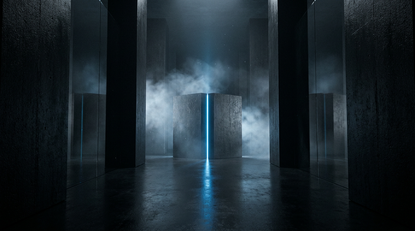 Arquitetura futurista de cubos iluminada em azul